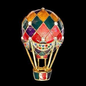 Vintage 1970’s 3D Hot Air Ballon Gold Tone Colorful Enamel Rhinestone Brooch Pin